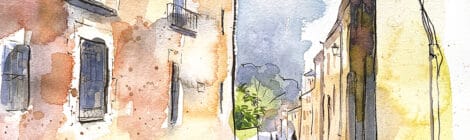 Aquarel·la amb una vista del carrer Xipreret de l'Hospitalet de Llobregat.
