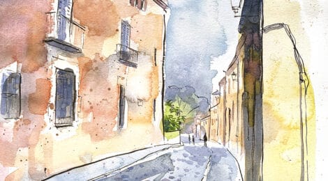 Aquarel·la amb una vista del carrer Xipreret de l'Hospitalet de Llobregat.