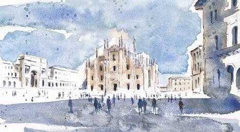 Aquarel·la amb una vista de la Piazza del Duomo de Milà.