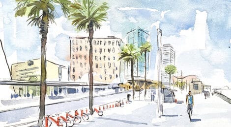 Aquarel·la amb una vista del passeig de la Barceloneta.