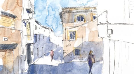 Aquarel·la amb una vista del carrer del Dissabte.