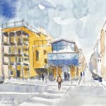 Aquarel·la amb una vista de la parròquia de Santa Maria de Cervelló de la Barceloneta.