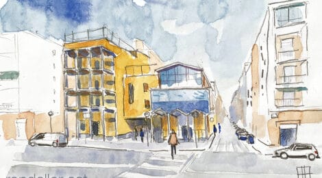 Aquarel·la amb una vista de la parròquia de Santa Maria de Cervelló de la Barceloneta.