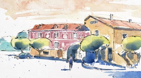 Aquarel·la amb una vista de la plaça de Santa Llúcia.