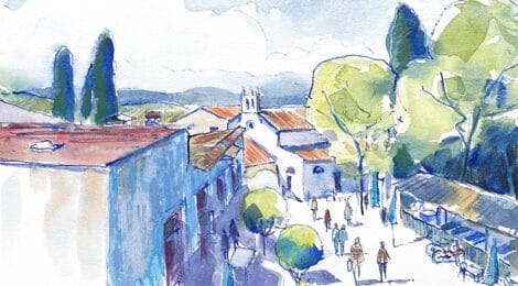 Aquarel·la amb una panoràmica del paratge del Vilar.