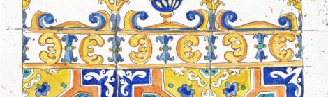 Aquarel·la amb una reproducció de les rajoles de l'arrimador del temple.