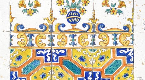 Aquarel·la amb una reproducció de les rajoles de l'arrimador del temple.