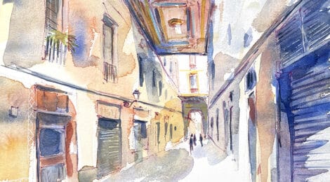 Aquarel·la amb una vista de la part coberta del carrer.