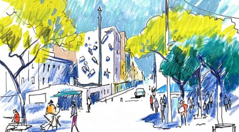 Aquarel·la amb una vista de la Barceloneta i de la Mitgera dels Objectes.