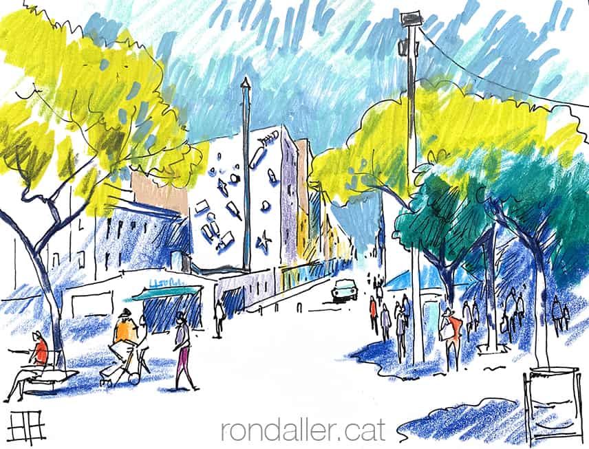 Aquarel·la amb una vista de la Barceloneta i de la Mitgera dels Objectes.