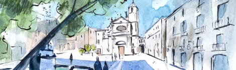 Aquarel·la amb una panoràmica de la plaça de la Mercè.