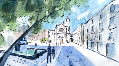 Aquarel·la amb una panoràmica de la plaça de la Mercè.