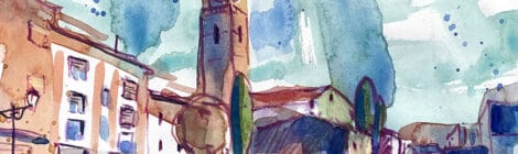 Aquarel·la amb una vista de la població de l'Esquirol.