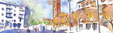 Aquarel·la amb una vista de la plaça de l'Ajuntament i de la parròquia de l'Hospitalet de Llobregat.