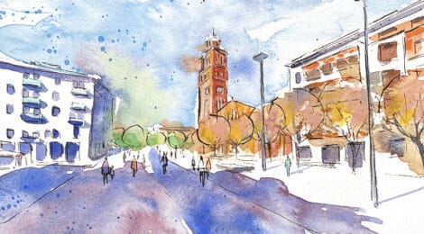 Aquarel·la amb una vista de la plaça de l'Ajuntament i de la parròquia de l'Hospitalet de Llobregat.
