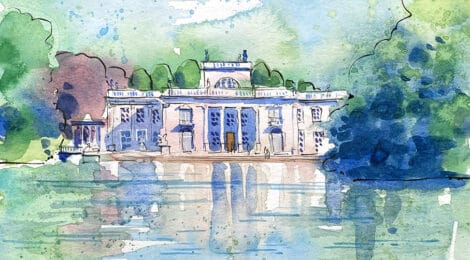 Aquarel·la amb una panoràmica del parc Lazienki de Varsòvia.