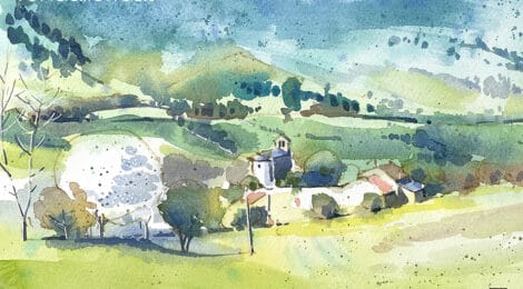 Aquarel·la amb una vista del paisatge de la plana de la Batllia.