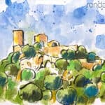 Aquarel·la amb una panoràmica de la muntanya i el castell de Burriac.