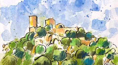 Aquarel·la amb una panoràmica de la muntanya i el castell de Burriac.