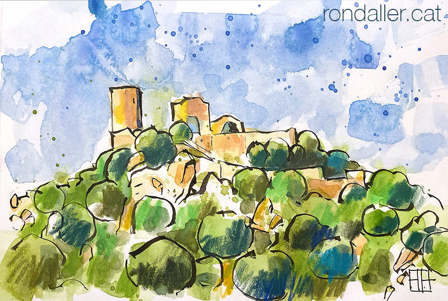 Aquarel·la amb una panoràmica de la muntanya i el castell de Burriac.