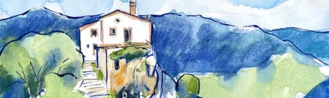 Aquarel·la amb una panoràmica del santuari de Bellmunt.