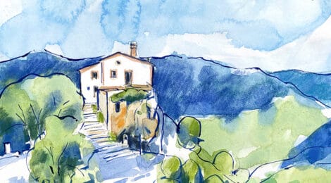 Aquarel·la amb una panoràmica del santuari de Bellmunt.