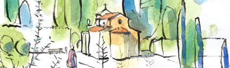 Aquarel·la de la capella del cementiri on es troba la Tomba Josep Tarrè de Llagostera.