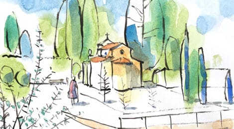 Aquarel·la de la capella del cementiri on es troba la Tomba Josep Tarrè de Llagostera.