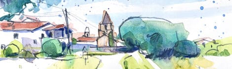 Aquarel·la amb una panoràmica de l'església de Sant Gregori de Llémena.