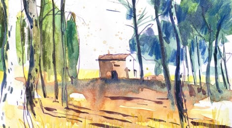 Aquarel·la de la capella romànica de Sant Nicolau als afores de Sabadell.