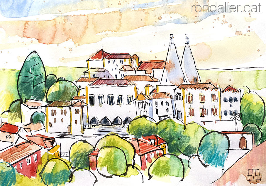 Aquarel·la amb una panoràmica del Palau Nacional de Sintra.