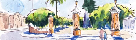 Aquarel·la amb una vista de l'entrada del passeig de l'Estació de Sueca.