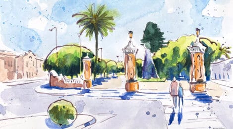 Aquarel·la amb una vista de l'entrada del passeig de l'Estació de Sueca.