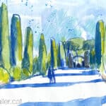 Aquarel·la amb una panoràmica de l'entrada al cemetiri de Cardedeu.