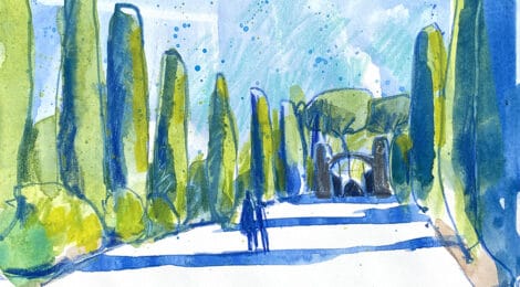 Aquarel·la amb una panoràmica de l'entrada al cemetiri de Cardedeu.