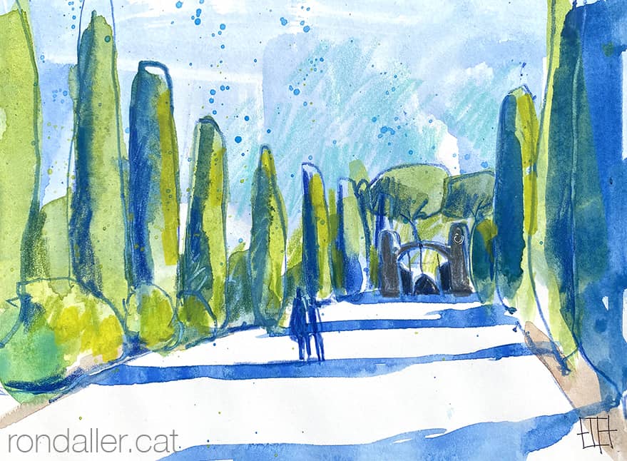 Aquarel·la amb una panoràmica de l'entrada al cemetiri de Cardedeu.