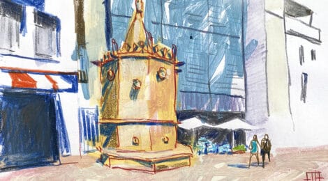 Aquarel·la amb una vista de la font gòtica de Blanes.