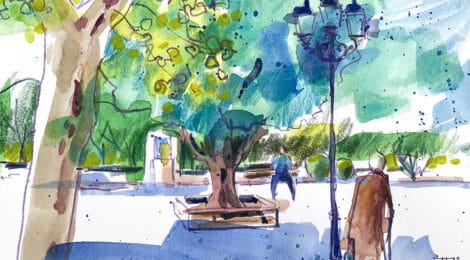 Aquarel·la amb una vista de la plaça al començament del carrer Jovara.