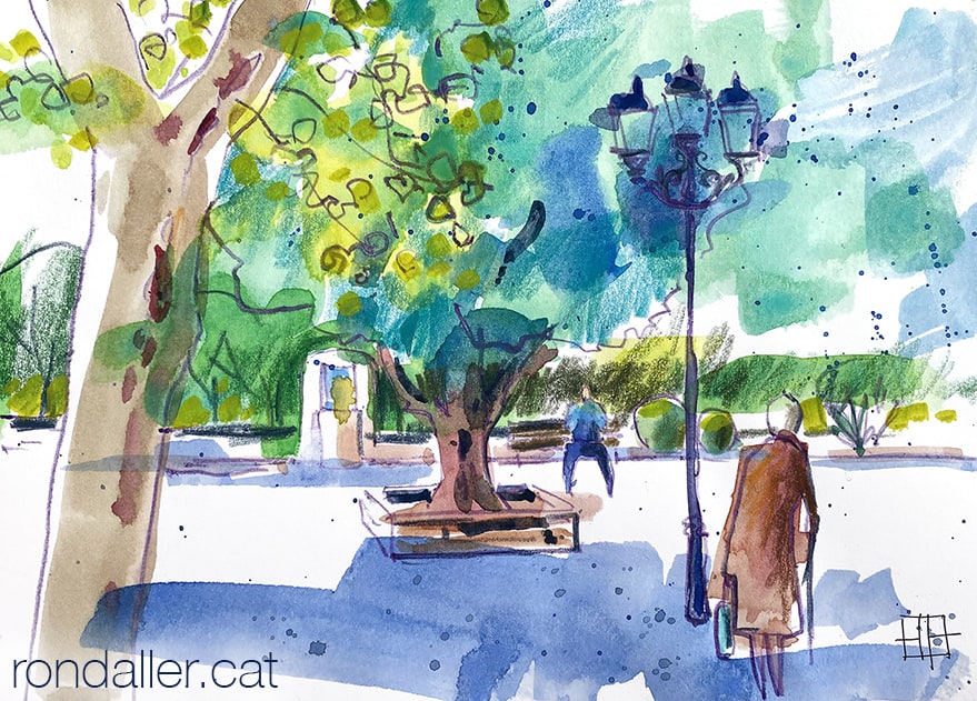 Aquarel·la amb una vista de la plaça al començament del carrer Jovara.