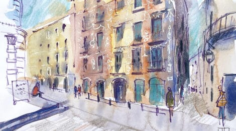 Aquarel·la amb una vista de la plaça de la Verònica de Barcelona.