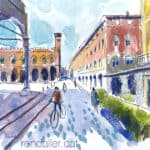 Aquarel·la amb una vista de la piazza del Duomo de Cremona.