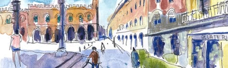 Aquarel·la amb una vista de la piazza del Duomo de Cremona.