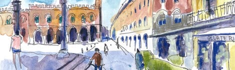 Aquarel·la amb una vista de la piazza del Duomo de Cremona.