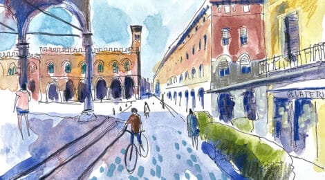 Aquarel·la amb una vista de la piazza del Duomo de Cremona.