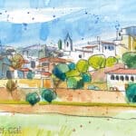 Aquarel·la amb una panoràmica de la població de Sant Cebrià de Vallalta.