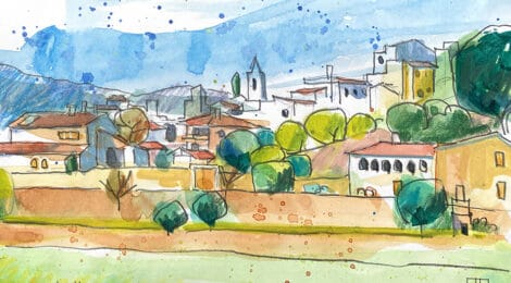 Aquarel·la amb una panoràmica de la població de Sant Cebrià de Vallalta.