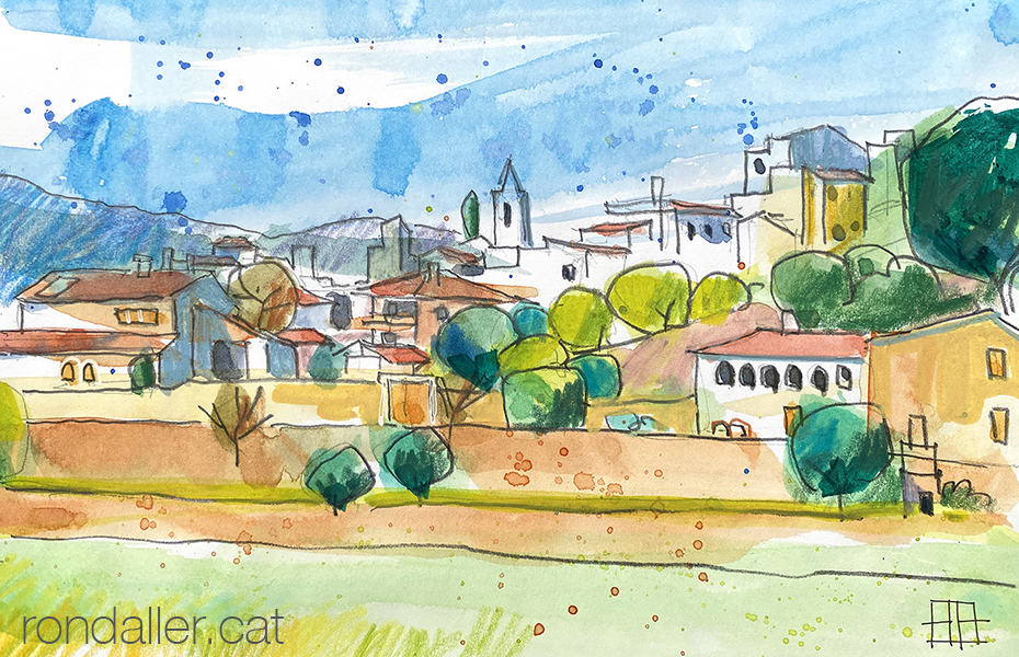 Aquarel·la amb una panoràmica de la població de Sant Cebrià de Vallalta.