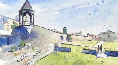 Aquarel·la amb una panoràmica de la muralla de la ciutat.