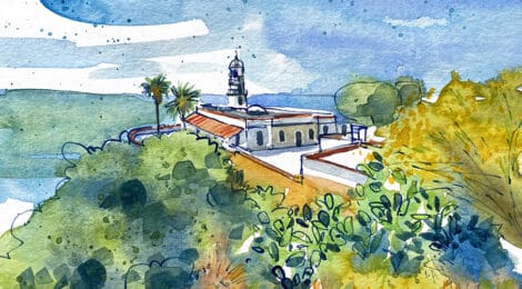 Aquarel·la amb una panoràmica del far de Calella.