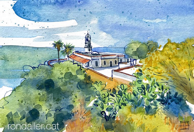 Aquarel·la amb una panoràmica del far de Calella.